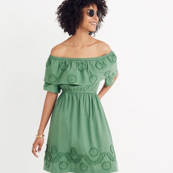 Madewell Green Appliquéd Off-the-Shoulder Mini Dress Size 4 Embroidery Cotton - Picture 2 of 9